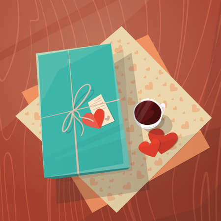 Valentine Day Gift Card Holiday Decorated Workspace Desk Top Angle View Flat Vector Illustrationのイラスト素材