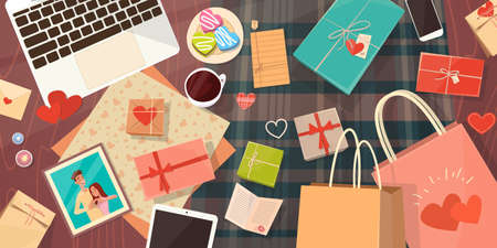 Valentine Day Gift Card Holiday Decorated Workspace Desk Copy Space Top Angle View Flat Vector Illustrationのイラスト素材
