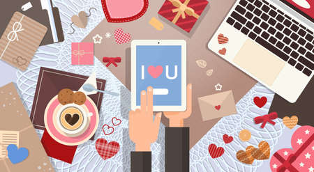 Hand Hold Tablet Valentine Day Gift Card Holiday Decorated Workspace Desk Top Angle View Flat Vector...