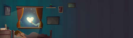 Valentine Day Gift Card Holiday Girl Sleeping Moon Heart Shape Love Symbol Flat Vector Illustrationのイラスト素材