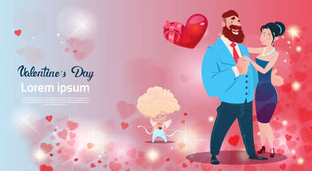 Valentine Day Gift Card Holiday Lovers Couple Love Cupid Heart Shape Flat Vector Illustrationのイラスト素材