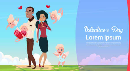 Valentine Day Gift Card Holiday Lovers Couple Love Cupid Heart Shape Flat Vector Illustrationのイラスト素材