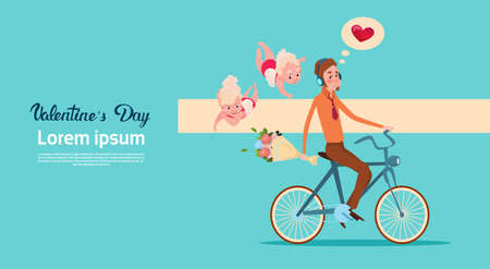 Valentine Day Gift Card Holiday Love Cupid Man Riding Bicycle With Flowers Flat Vector Illustrationのイラスト素材