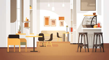 Modern Cafe Interior Empty No People Restaurant Flat Vector Illustrationのイラスト素材
