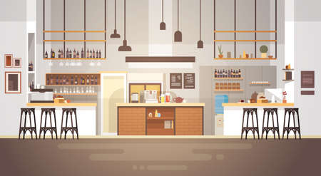 Modern Cafe Interior Empty No People Restaurant Flat Vector Illustrationのイラスト素材