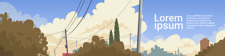 City Sky With Clouds Power Lines Banner Copy Space Flat Vector Illustrationのイラスト素材