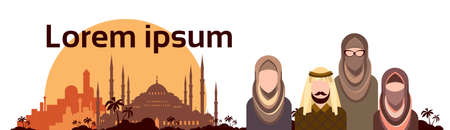Arab People Group Arabic Man And Woman Over Muslim Cityscape Mosque Building Flat Vector...