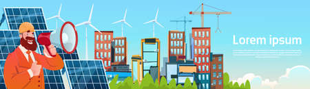 Business Man Wind Tribune Solar Energy Panel Renewable Station Presentation Flat Vector Illustrationのイラスト素材