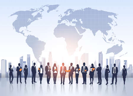 Business People Group Silhouettes Over City Landscape World Map Illustrationのイラスト素材