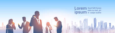 Business People Group Silhouettes Over City Landscape Modern Office Social Network Communication Illustrationの写真素材