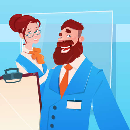 Successful Business Man And Woman Hold Contract Sign Document Folder Flat  Illustrationのイラスト素材