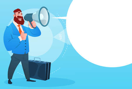 Businessman Hold Megaphone White Chat Bubble Copy Space Business Man Loudspeaker Flat Illustrationのイラスト素材