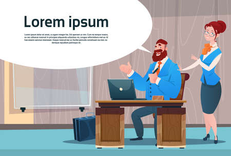 Business Man And Woman Cabinet Desk Working Place Office Interior Businesspeople Workplace Flat  Illustrationのイラスト素材