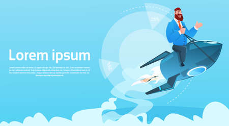 Business Man On Space Ship Project Successful Startup Flying Rocket Flat Illustrationのイラスト素材