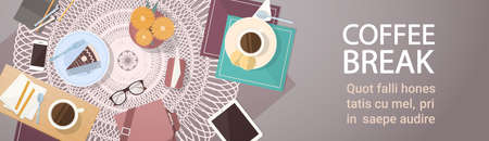 Break Coffee Cup Cake Table Top Angle View Flat Illustrationのイラスト素材