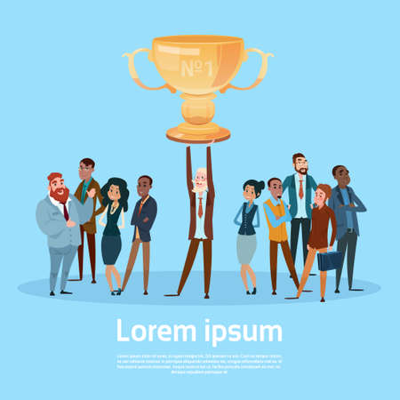 Business People Team Hold Prize Winner Cup, Team Success Concept Flat Illustrationのイラスト素材