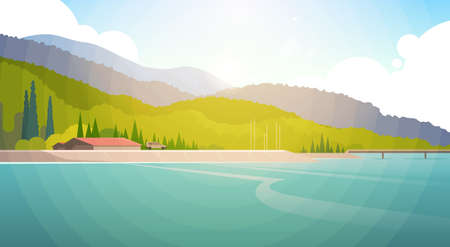 Summer Landscape Mountain Forest Sky Woods Seaside Flat Illustrationのイラスト素材