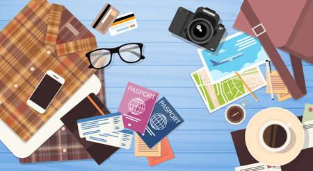 Travel Luggage Passport Tickets Clothes Document Vacation Concept Flat  Illustrationのイラスト素材