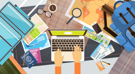 Ticket Boarding Pass Travel Document Hands Hold Typing Laptop Computer Vacation Concept Flat Illustrationのイラスト素材