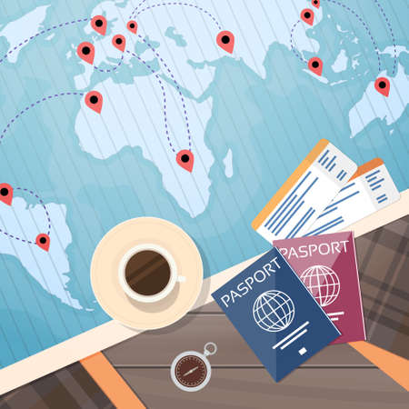 Ticket Boarding Pass Travel Document World Map With Pins Vacation Concept Flat Illustrationのイラスト素材