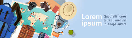 Travel Luggage Document World Map With Pins Vacation Concept Flat  Illustrationのイラスト素材