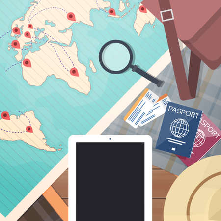 Ticket Boarding Pass Travel Document World Map With Pins Vacation Concept Flat Illustrationのイラスト素材