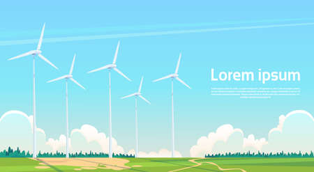 Wind Turbine Energy Renewable Station Nature Background Flat  Illustrationのイラスト素材