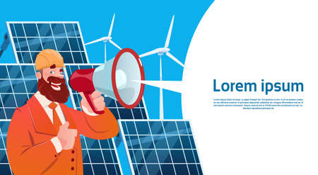 Man Wind Turbine Solar Energy Panel Renewable Station Presentation Flat Illustrationのイラスト素材