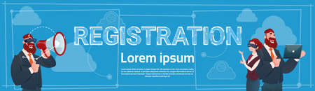 Business Man And Woman Wear Digital Glasses Use Laptop Computer Registration Concept Flat Vector Illustrationのイラスト素材