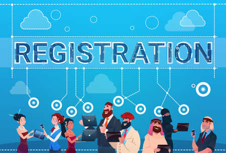 Mix Race People Group Using Gadgets Registration Log In Concept Flat Vector Illustrationのイラスト素材