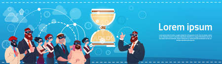 Business People Group Wear Digital Glasses Use Laptop Computer Send Watch Deadline Concept Flat...