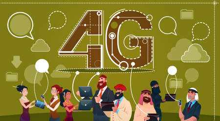 Mix Race People Group Using Gadgets Chat Social Network Communication 4g Internet Speed Concept Flat...