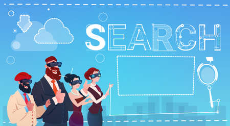 Mix Race People Group Wear Digital Reality Glasses Data Search Internet Flat Vector Illustrationのイラスト素材