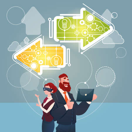 Business Man And Woman Wear Digital Reality Glasses Arrow Finance Success Concept Flat Vector Illustrationのイラスト素材