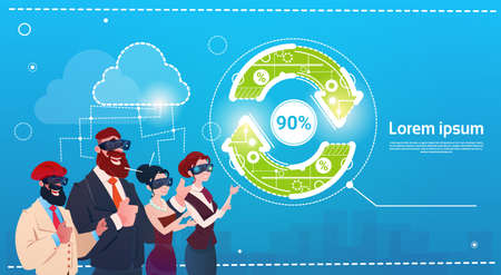 Business People Group Wear Digital Reality Glasses Arrow Update Finance Success Concept Flat Vector Illustrationのイラスト素材