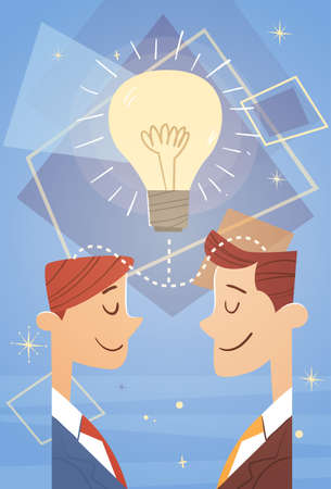 Two Business Man New Idea Concept Light Bulb Creative Brainstorm Cooperation Flat Vector Illustrationのイラスト素材