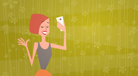 Girl Taking Selfie Photo On Cell Smart Phone Young Cartoon Woman Smiling Flat Vector Illustrationのイラスト素材