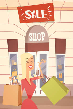 Cartoon Woman With Shopping Bag Big Sale Banner Retial Store Exterior Flat Vector Illustrationのイラスト素材