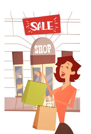 Cartoon Woman With Shopping Bag Big Sale Banner Retial Store Exterior Flat Vector Illustrationのイラスト素材