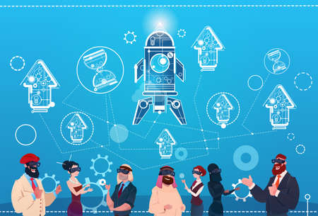 Business People Group Wear Digital Reality Glasses Space Rocket Success Startup Development Flat...