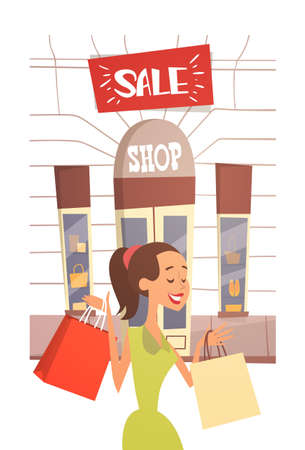Cartoon Woman With Shopping Bag Big Sale Banner Retial Store Exterior Flat Vector Illustrationのイラスト素材