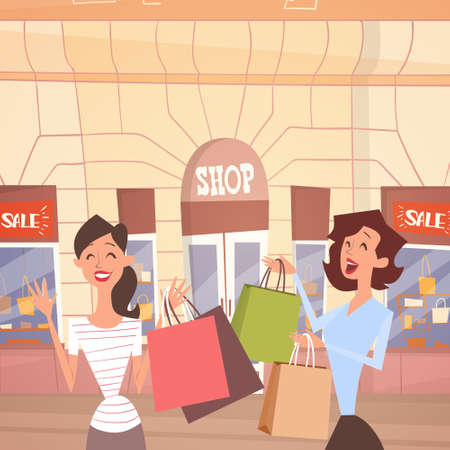 Cartoon Woman Couple With Shopping Bag Big Sale Banner Retial Store Exterior Flat Vector Illustrationのイラスト素材