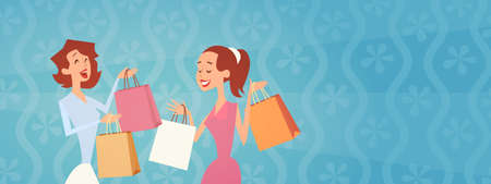 Cartoon Woman Group With Shopping Bag Big Sale Banner Flat Vector Illustrationのイラスト素材