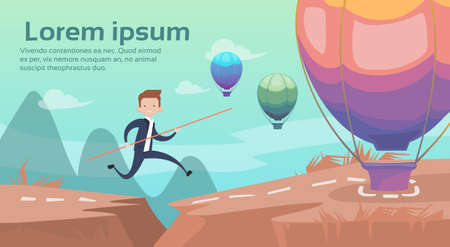 Business Man Jump Dangerous Mountain Gap Risk Concept Flat Vector Illustrationのイラスト素材