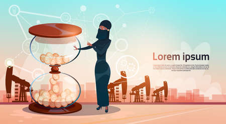 Arab Woman With Sand Watch Money Pumpjack Oil Rig Crane Platform Wealth Concept Flat Vector...