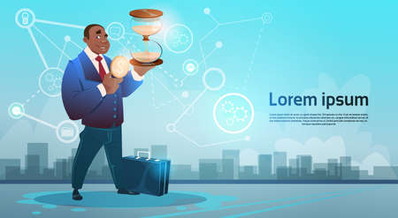 African American Business Man Hold Sand Watch Deadline Time Management Concept Flat Vector Illustrationのイラスト素材
