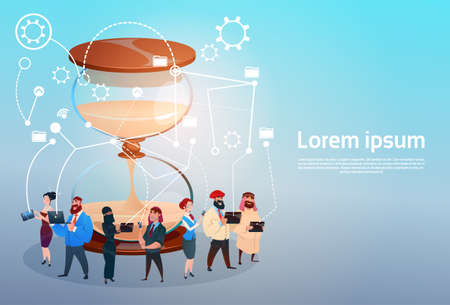 Mix Race People Group Using Gadgets Brainstorming Remote Workers Deadline Concept Flat Vector...