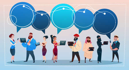 Mix Race People Group Using Gadgets Chat Bubbles Social Network Communication Concept Flat Vector Illustrationのイラスト素材