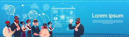 Business People Group Wear Virtual Reality Glasses Digital Interface Screen Presentation Seminar Flat Vector Illustrationのイラスト素材
