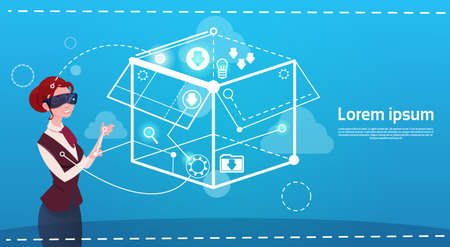 Business Woman Wear Digital Reality Glasses Brainstorming Briefing Idea Creative Concept Flat Vector Illustrationのイラスト素材